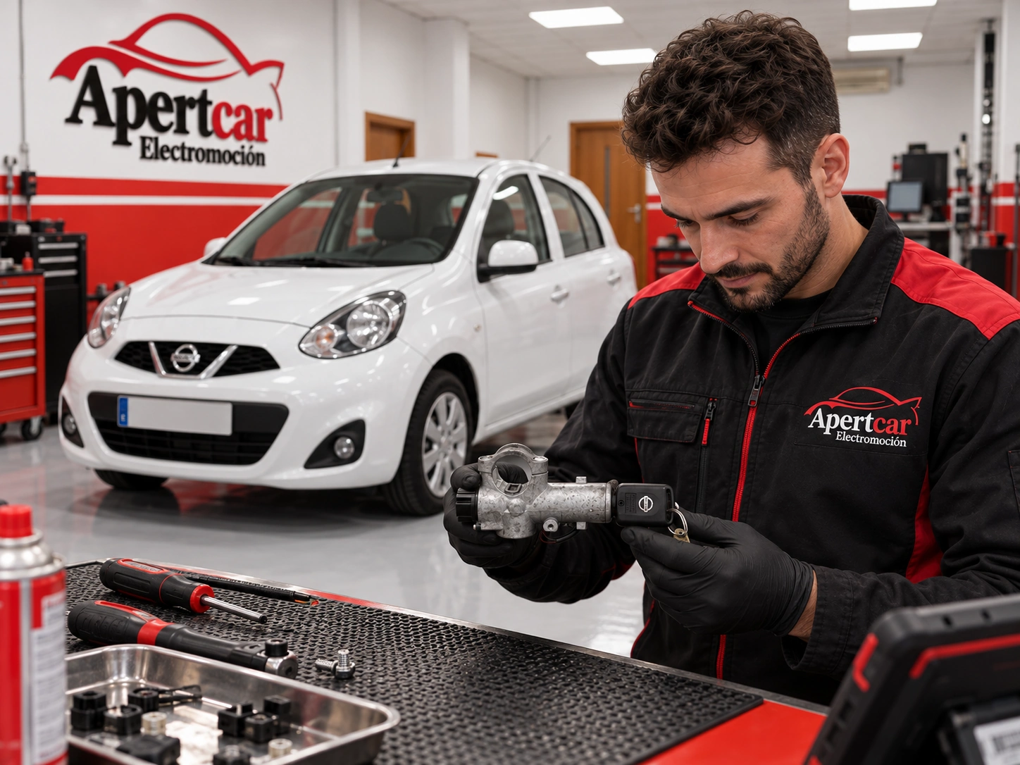 Técnico sosteniendo un clausor y una llave junto a un Nissan Micra blanco en el taller Apertcar