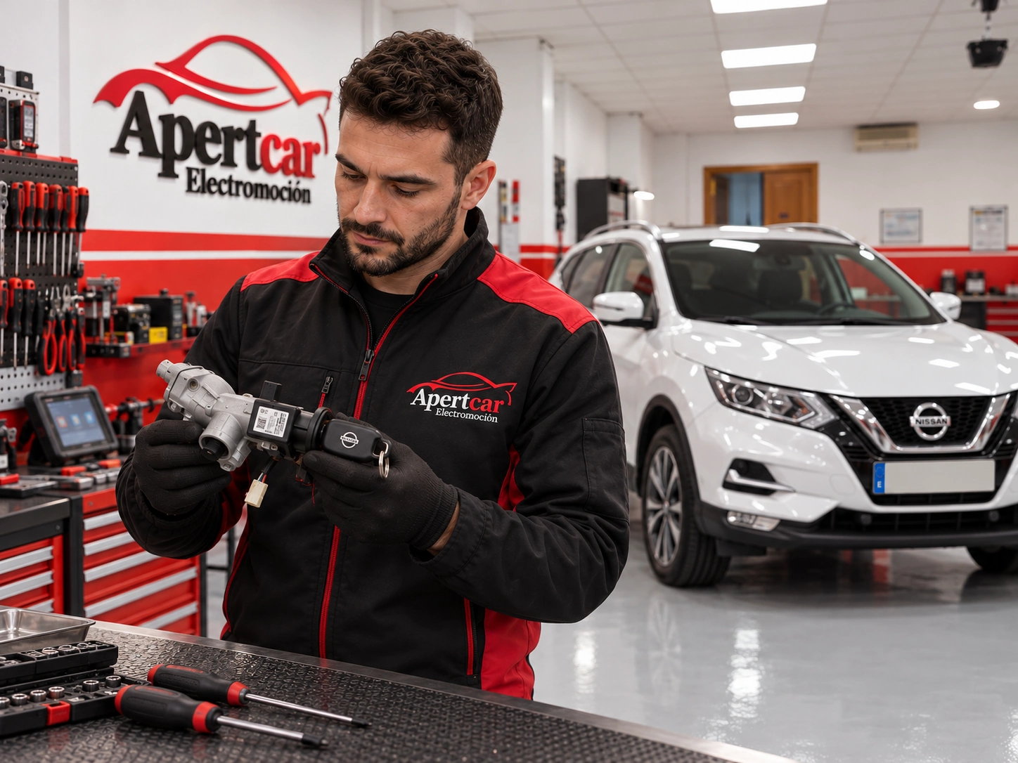 Técnico sosteniendo un clausor con su llave junto al banco de trabajo y un Nissan Qashqai blanco