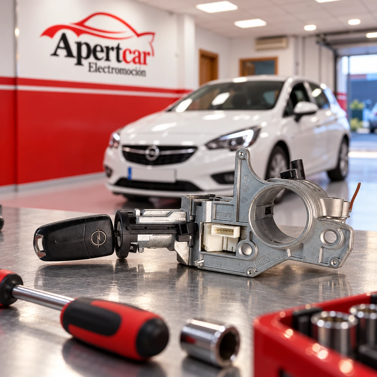 Clausor con llave Opel sobre una mesa de taller, con un vehículo Opel blanco al fondo.