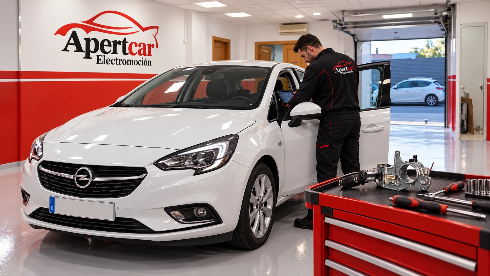 Técnico junto a un Opel blanco con una tableta, y un clausor sobre el carro de herramientas.