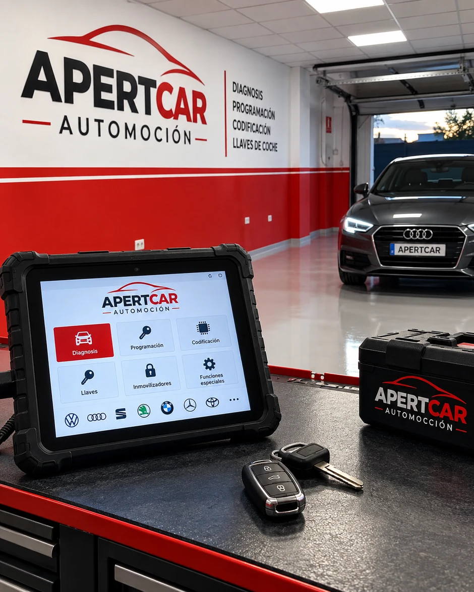 Programación de llave de coche con equipo de diagnosis Apertcar en taller de automoción